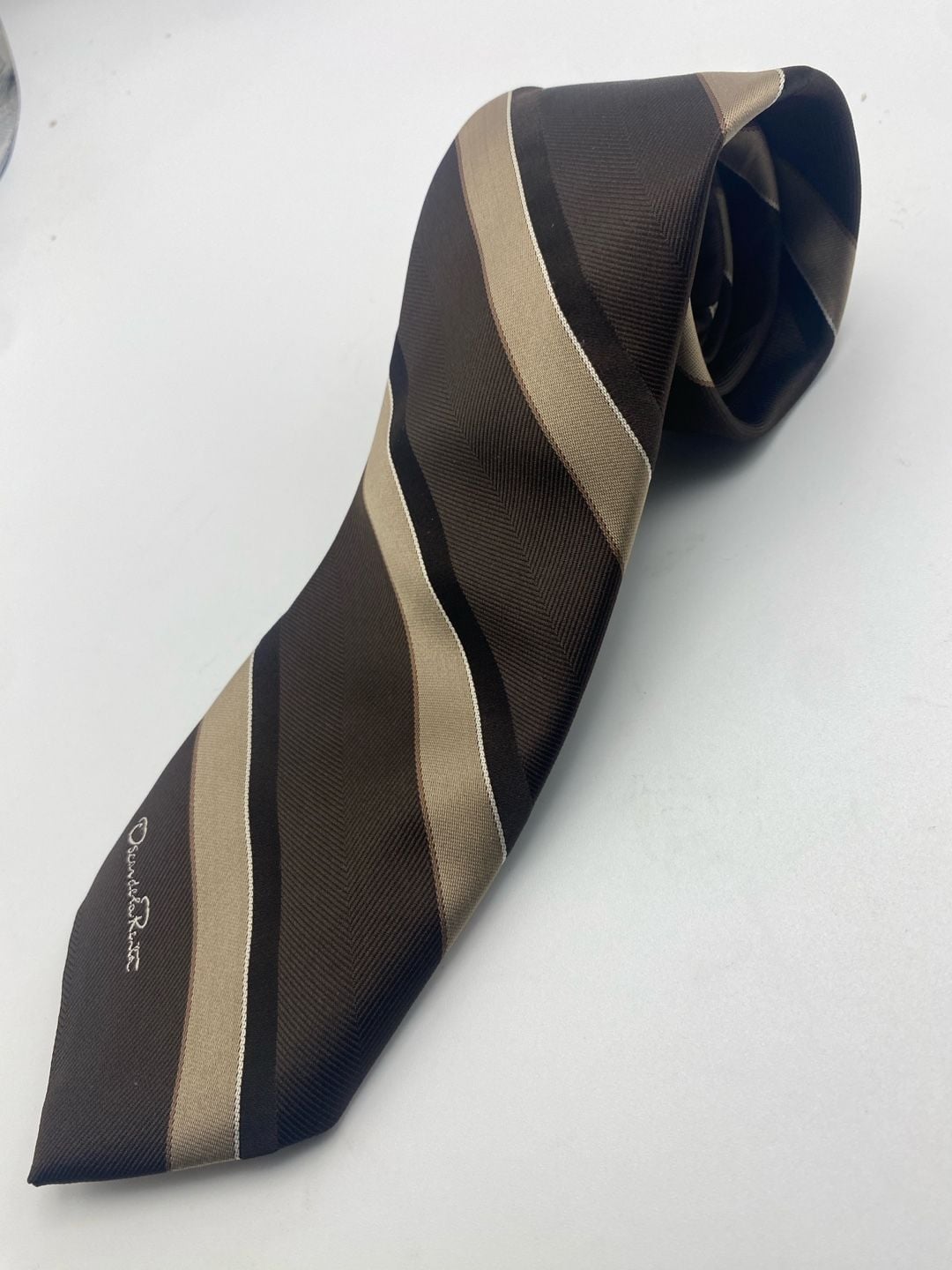 Oscar De La Renta Brown Striped Silk Necktie 3