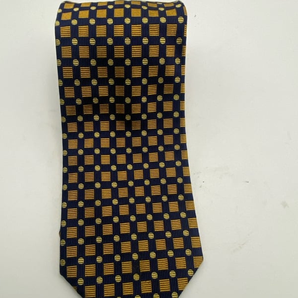 Brooks Brothers Silk Necktie Blue Gold Geometric Polka Dot Makers