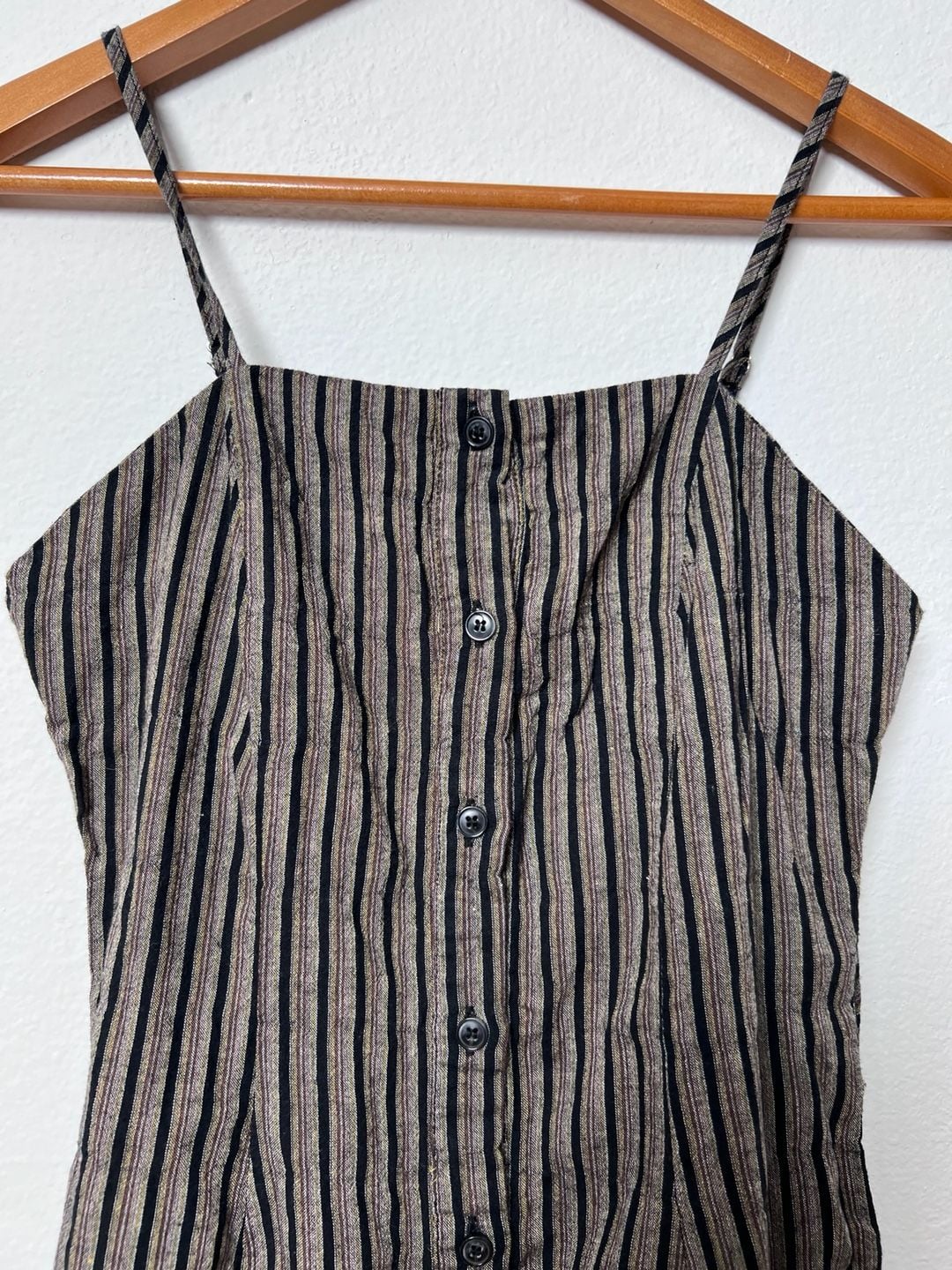 Kira XS 100% Cotton Striped Button Front Mini Dress Adjustable Straps Y2K 3