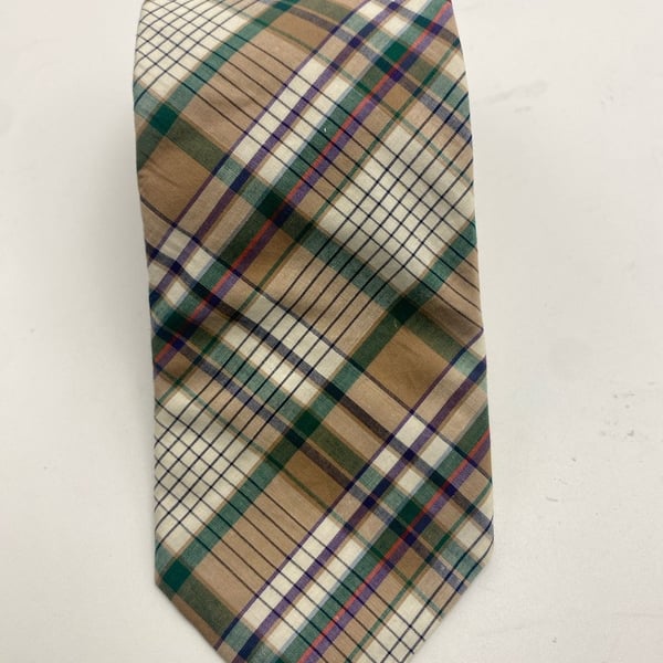 Neiman-Marcus Plaid Neck Tie Tan Green Purple Cotton Madras