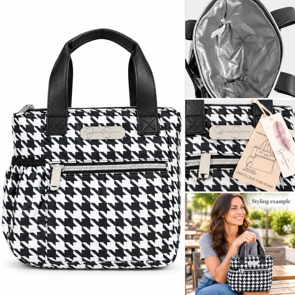 Jessica Simpson Black & White Houndstooth Insulated Lunch Tote Bag NWT
