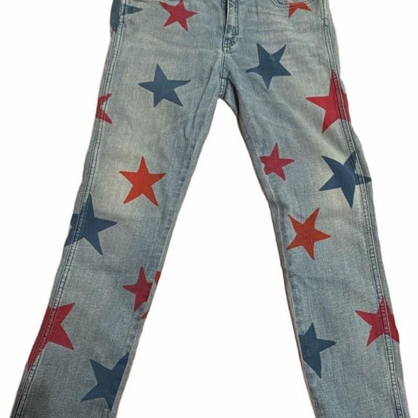 Stella Mccartney Medium Wash Red Blue Stars Print Mid Rise Boyfriend Jeans 28