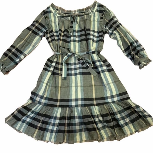 Burberry Check Dress Size S Blue Green Plaid Tie Waist Ruffle