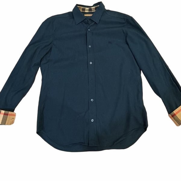 Burberry Button-Down Shirt Navy Blue Check Cuffs
