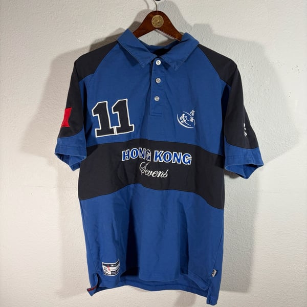 Kukri Hong Kong Sevens Rugby Polo Shirt Size Large 42 Chest 11 Blue Black