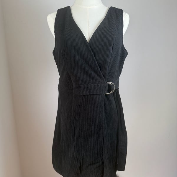 Halara Corduroy Mini Dress Size S Black Belted V-Neck Sleeveless