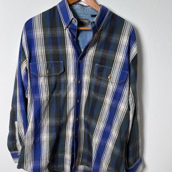 Roper Men’s Large Western Plaid Pearl Snap Look Long Sleeve Shirt Blue Green
