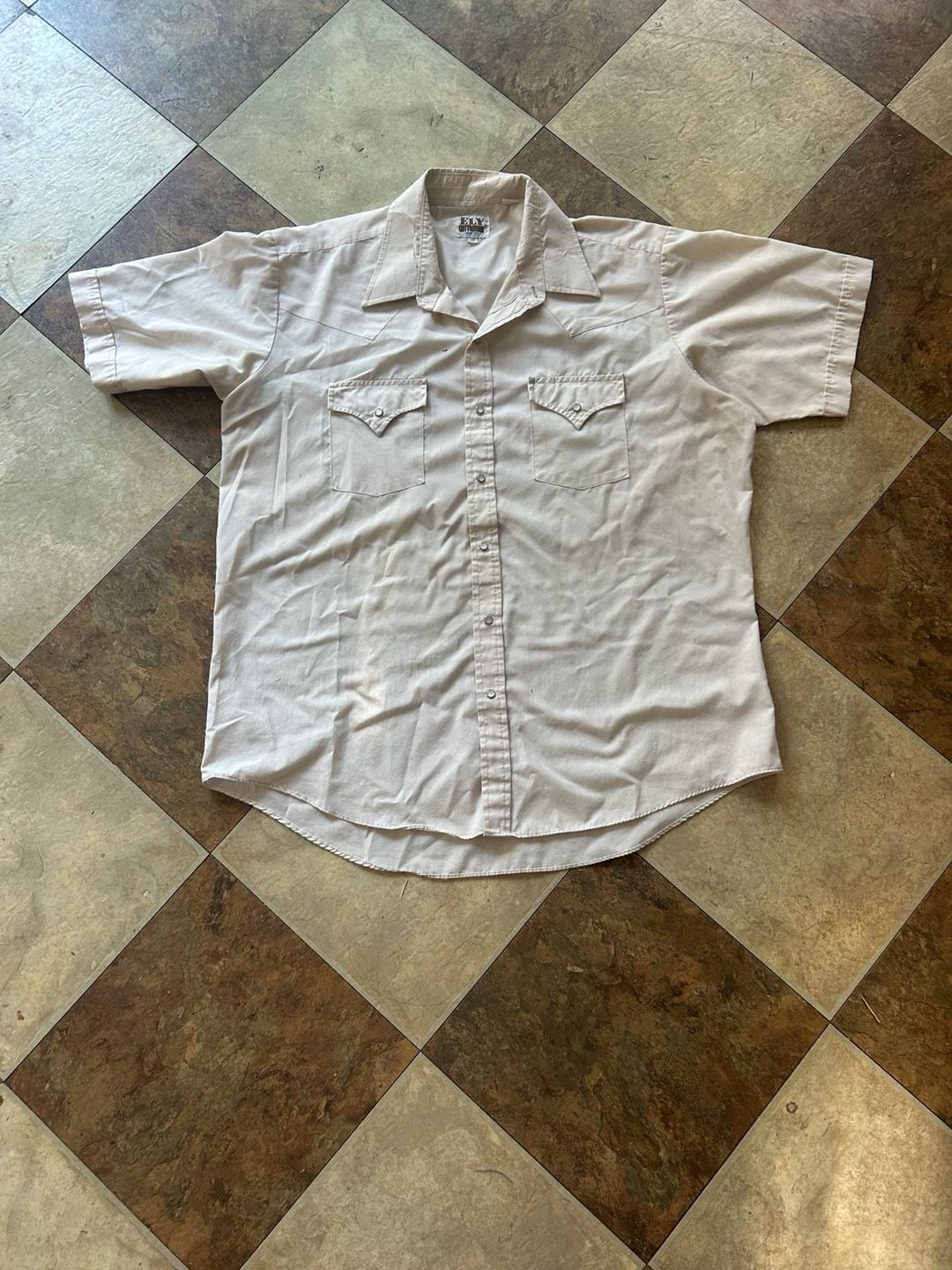 Ely Cattleman Western Shirt Size 17 Tan Short Sleeve Pearl Snap 2