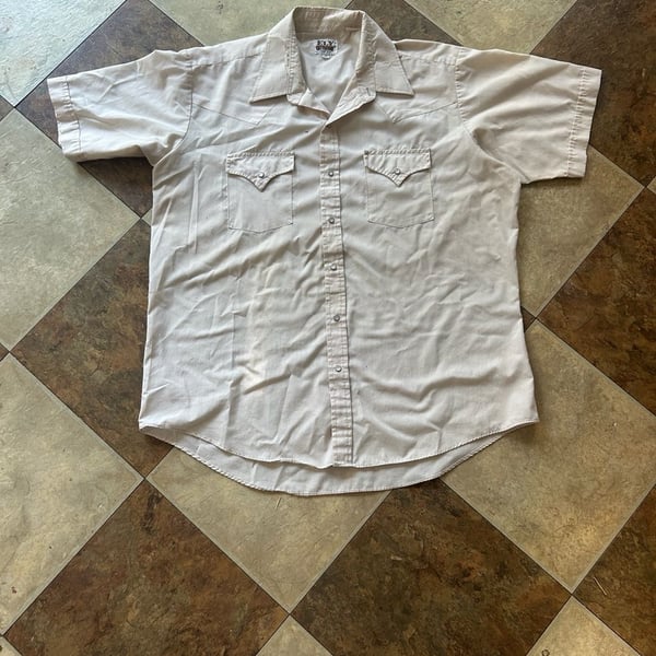 Ely Cattleman Western Shirt Size 17 Tan Short Sleeve Pearl Snap