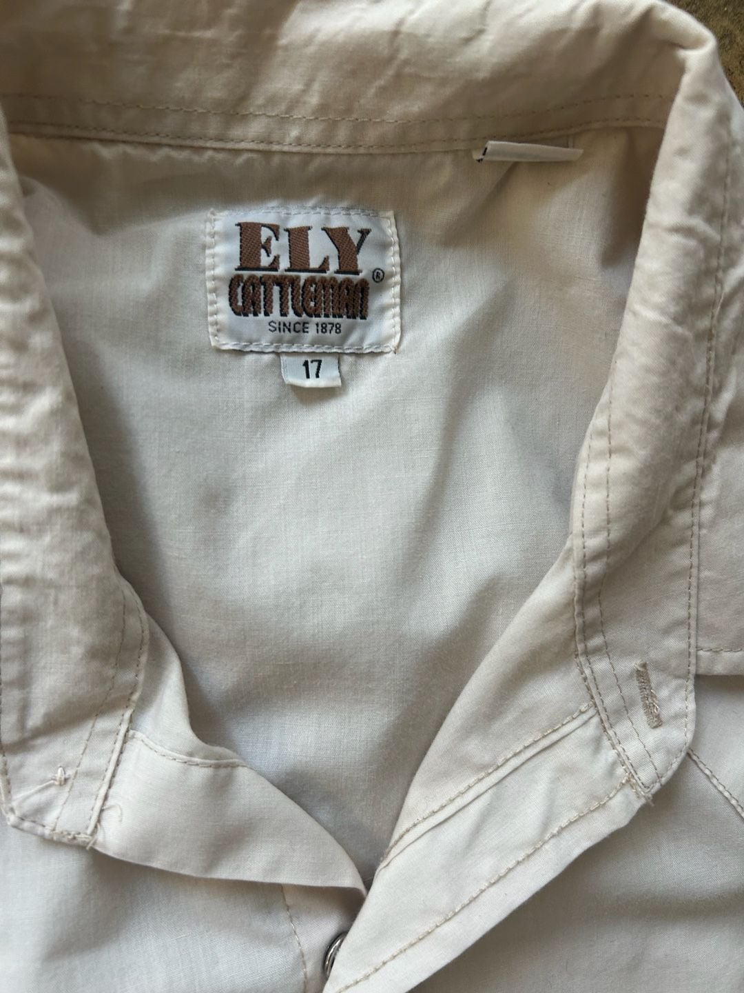 Ely Cattleman Western Shirt Size 17 Tan Short Sleeve Pearl Snap 3