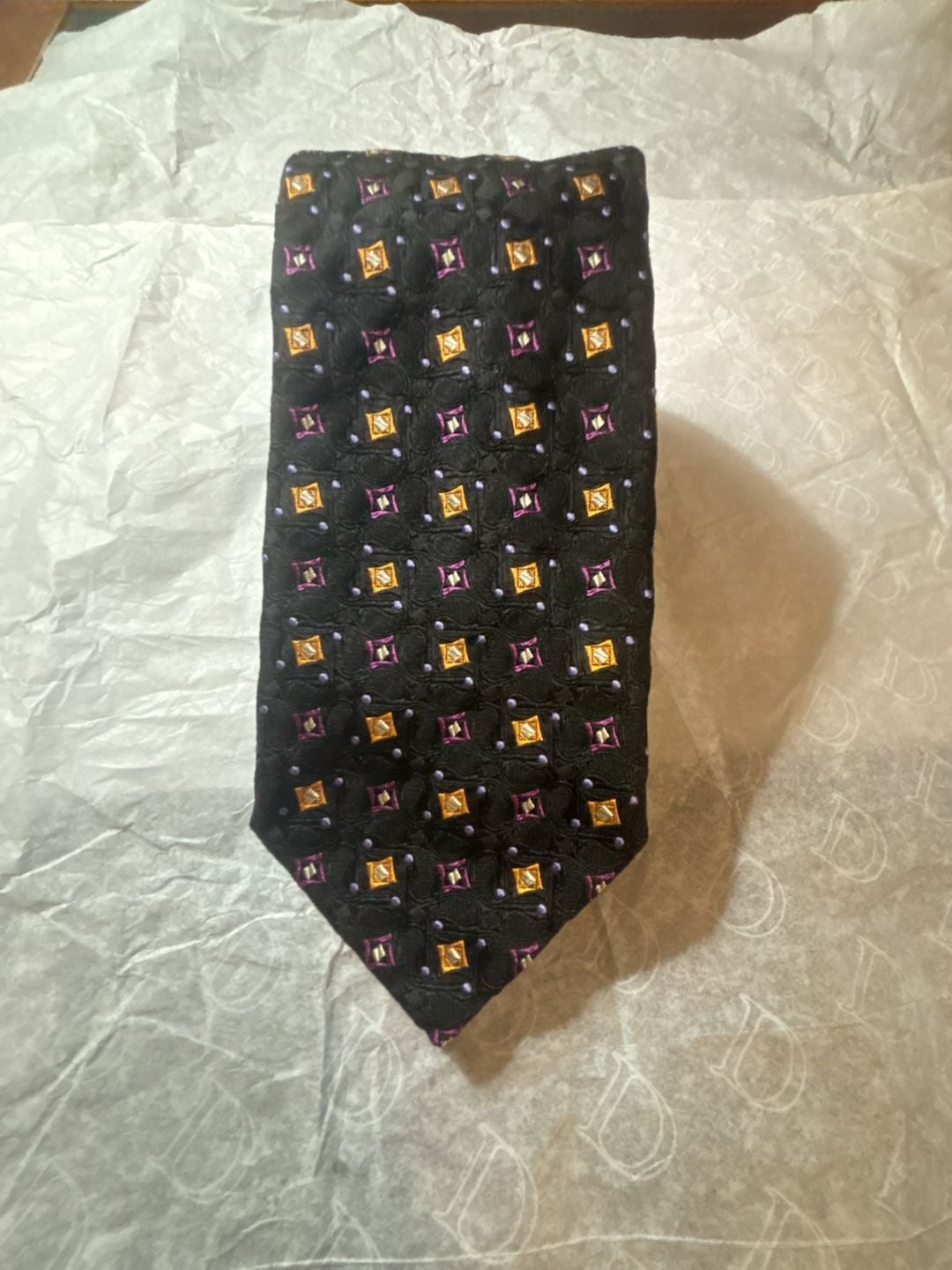 Paul Simon Silk Necktie Geometric Print Black Gold Purple 3.75 x 58 1