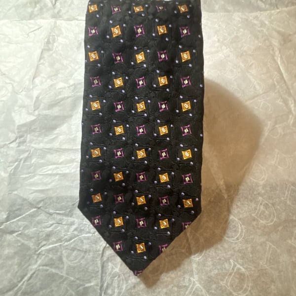 Paul Simon Silk Necktie Geometric Print Black Gold Purple 3.75 x 58