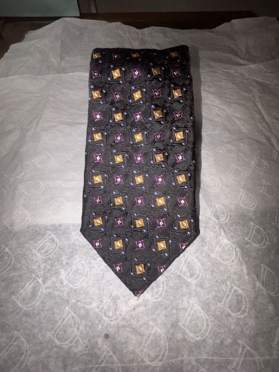 Paul Simon Silk Necktie Geometric Print Black Gold Purple 3.75 x 58 2