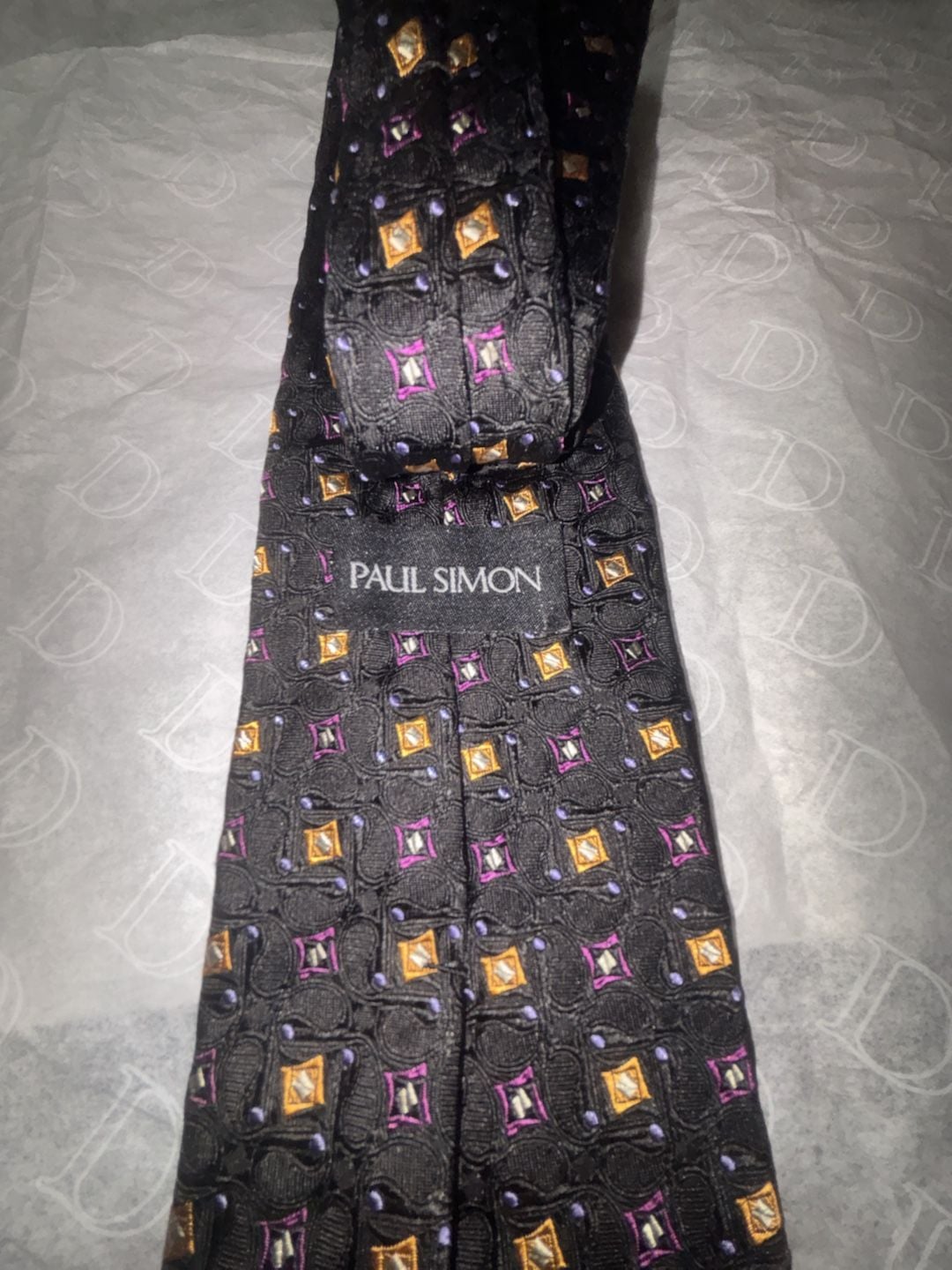Paul Simon Silk Necktie Geometric Print Black Gold Purple 3.75 x 58 3