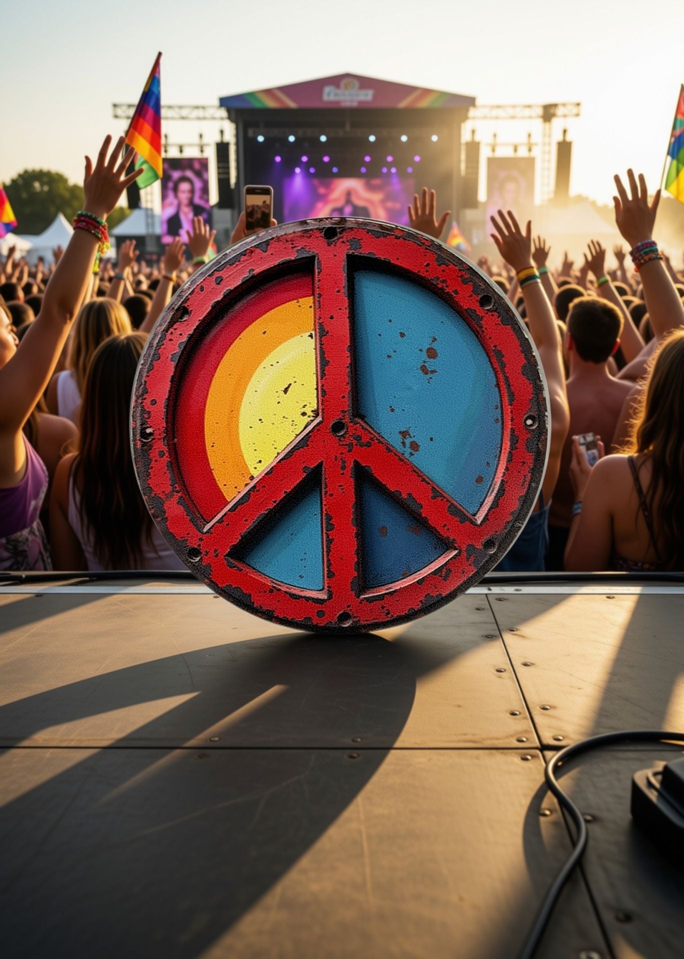 8” Round Rustic Style Metal Wall Decor Colorful Peace Sign 3