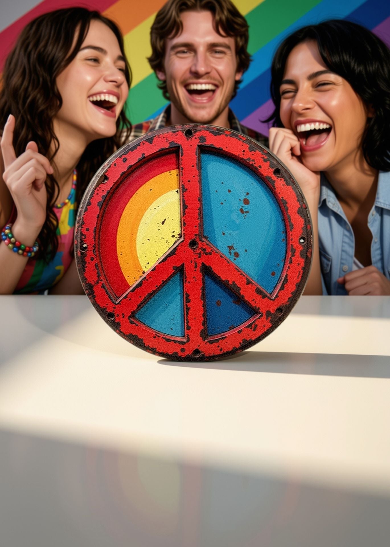 8” Round Rustic Style Metal Wall Decor Colorful Peace Sign 4