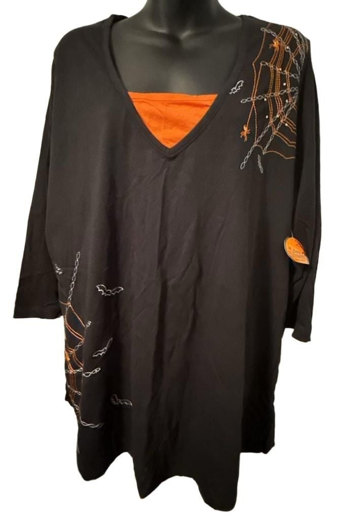 Halloween Spider Web Embroidered Tunic Top 3X Black Orange Clear Rhinestones Vtg 4