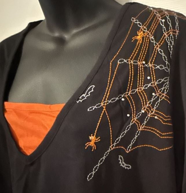 Halloween Spider Web Embroidered Tunic Top 3X Black Orange Clear Rhinestones Vtg 8