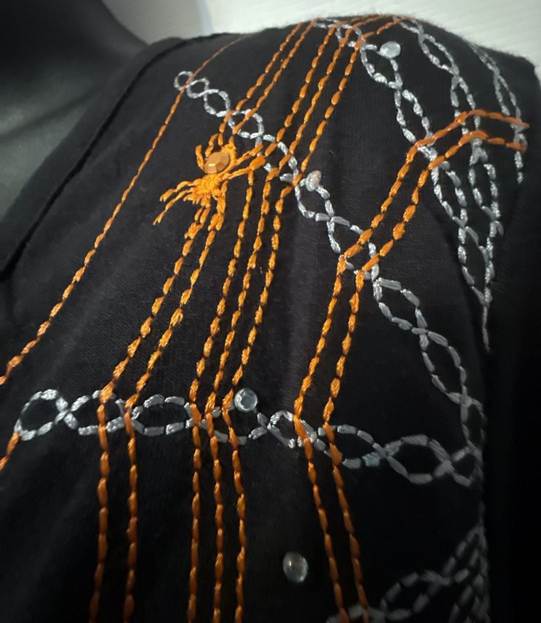 Halloween Spider Web Embroidered Tunic Top 3X Black Orange Clear Rhinestones Vtg 9
