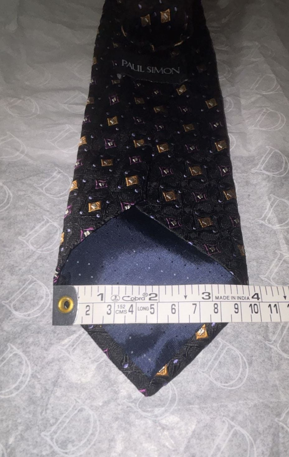 Paul Simon Silk Necktie Geometric Print Black Gold Purple 3.75 x 58 4