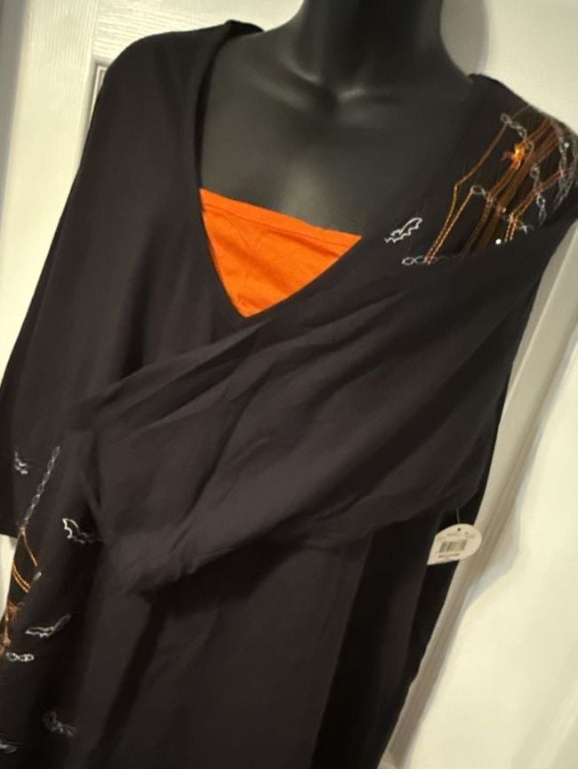 Halloween Spider Web Embroidered Tunic Top 3X Black Orange Clear Rhinestones Vtg 11