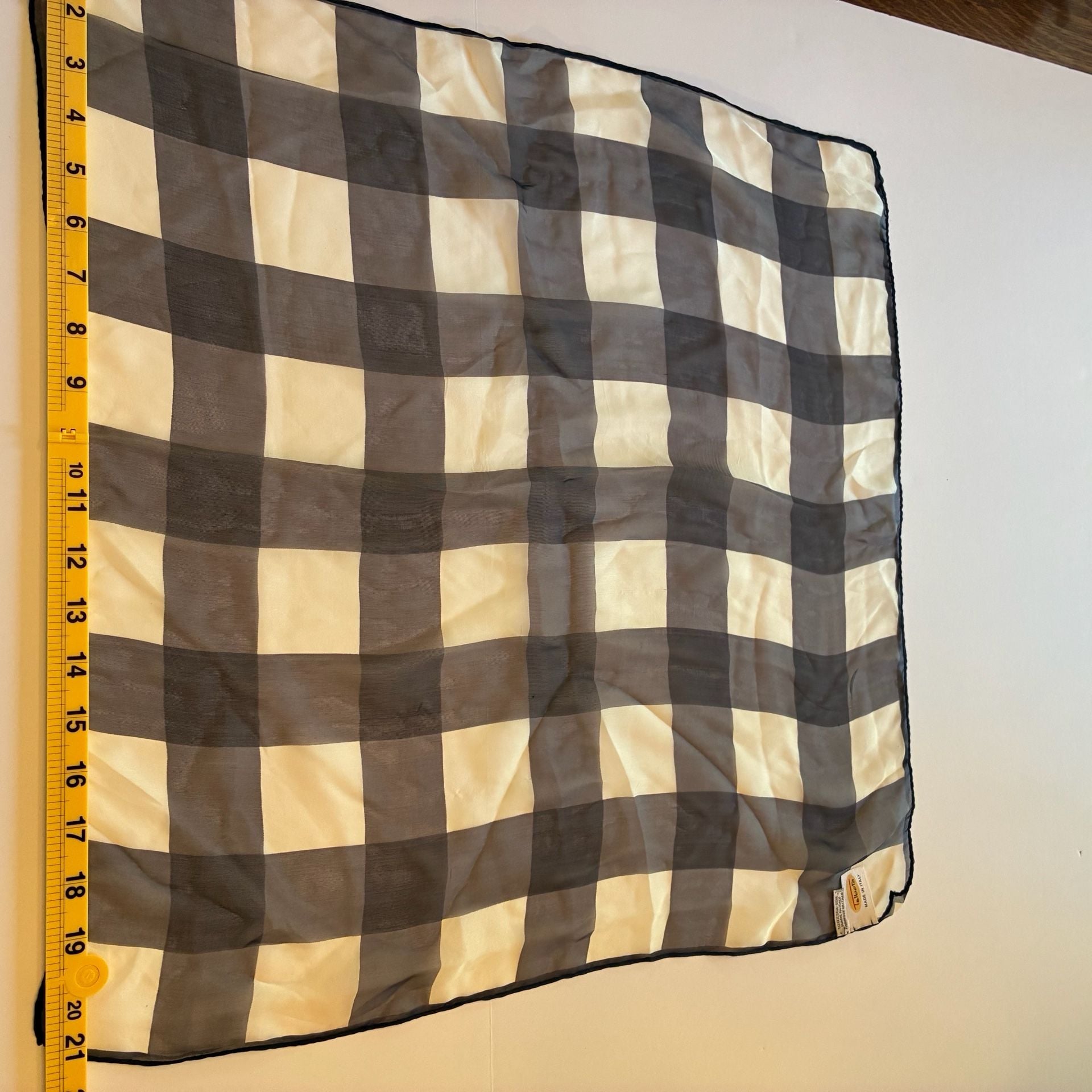 Talbots 100 % Silk Scarf Black White Check Plaid Sheer 21x21 Made in Italy 3
