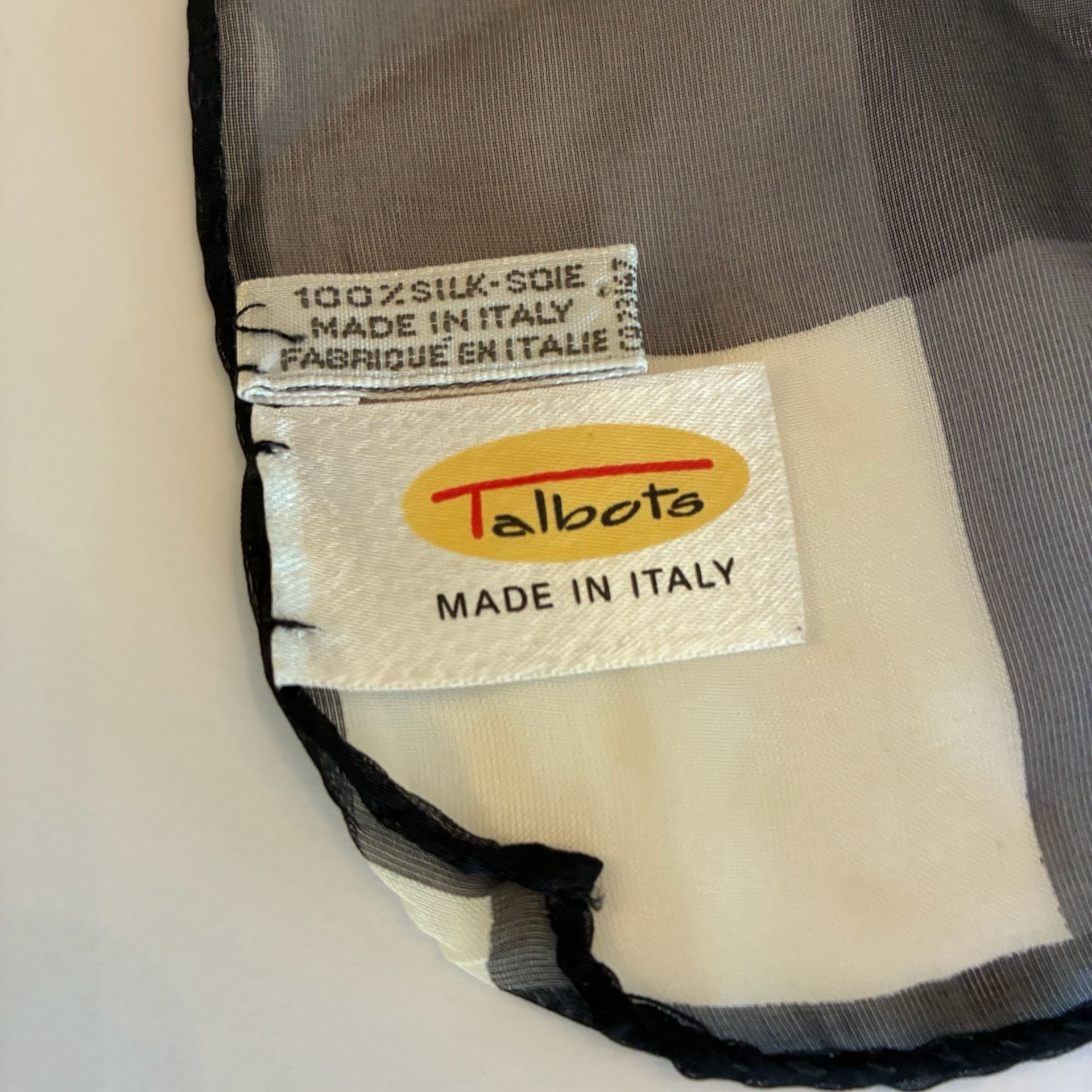 Talbots 100 % Silk Scarf Black White Check Plaid Sheer 21x21 Made in Italy 4