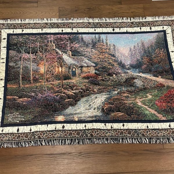 Thomas Kinkade Cottage Tapestry Throw Blanket 48x68 Woven Fringed