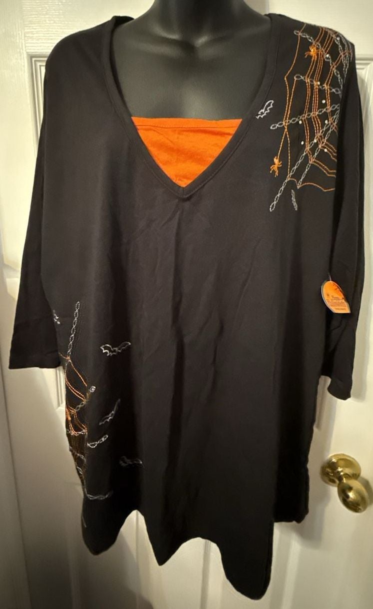 Halloween Spider Web Embroidered Tunic Top 3X Black Orange Clear Rhinestones Vtg 7