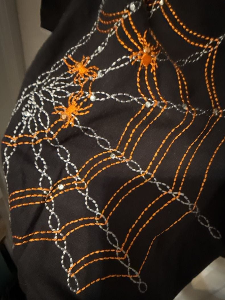 Halloween Spider Web Embroidered Tunic Top 3X Black Orange Clear Rhinestones Vtg 10