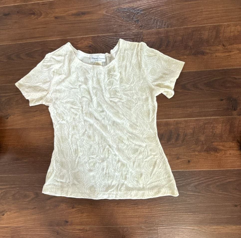 Private Luxuries Natori Short Sleeve Top Size Medium Off-White Foil Print 3