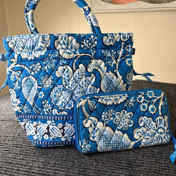 Vera Bradley Quilted Blue Floral Tote Bag And Zip Wallet Set