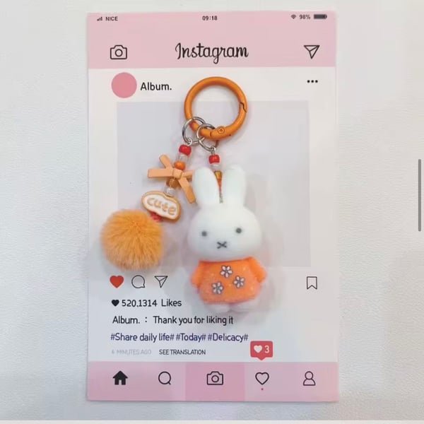 Miffy Rabbit Plush Keychain Orange Dress Pom Pom Cute Charm