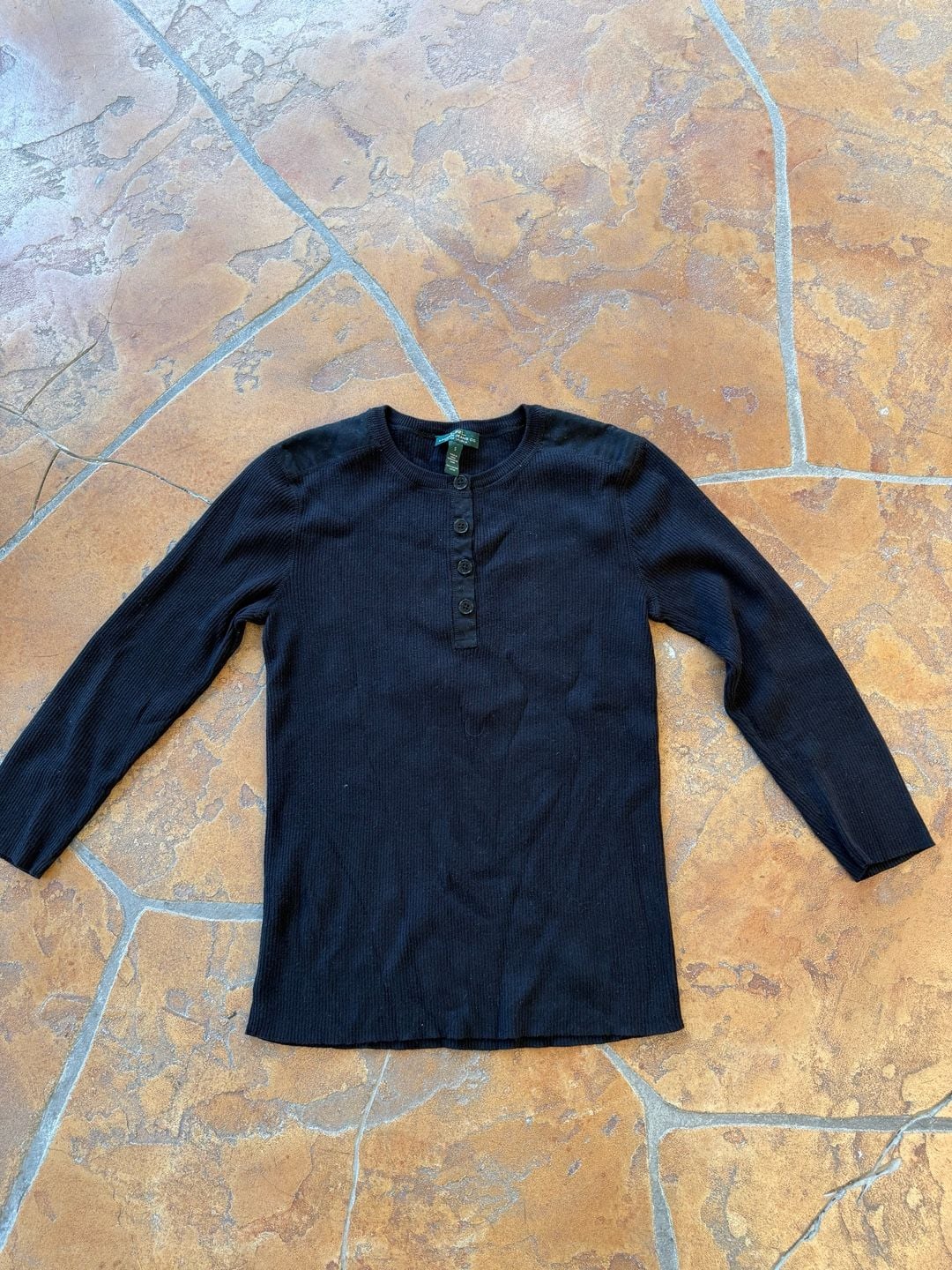 Lauren Jeans Co. Ralph Lauren Henley Size S Black Ribbed Cotton Top 2