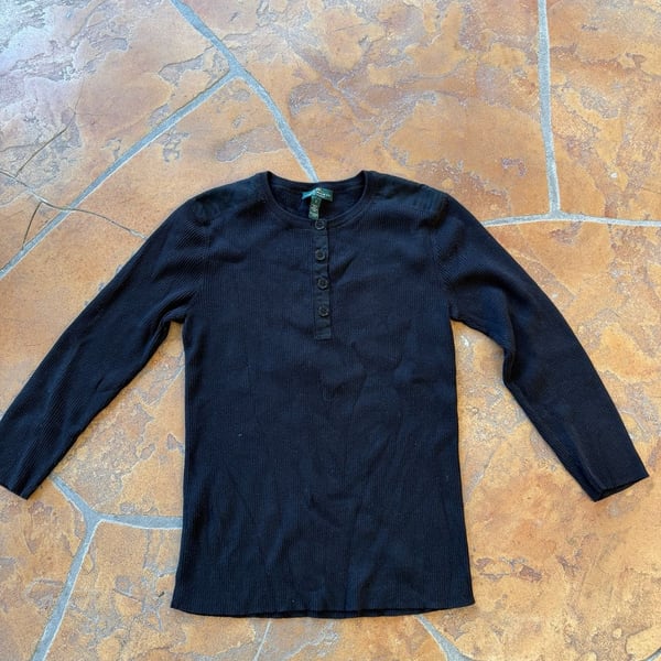 Lauren Jeans Co. Ralph Lauren Henley Size S Black Ribbed Cotton Top