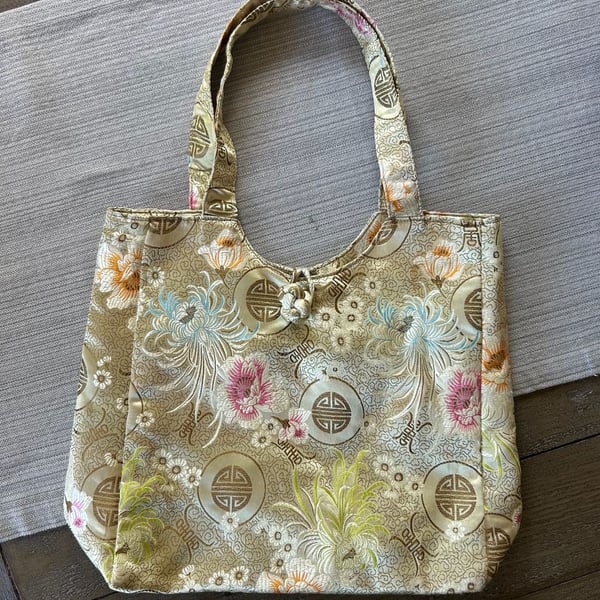 Chinese Brocade Silk Tote Bag Gold Floral Frog Knot