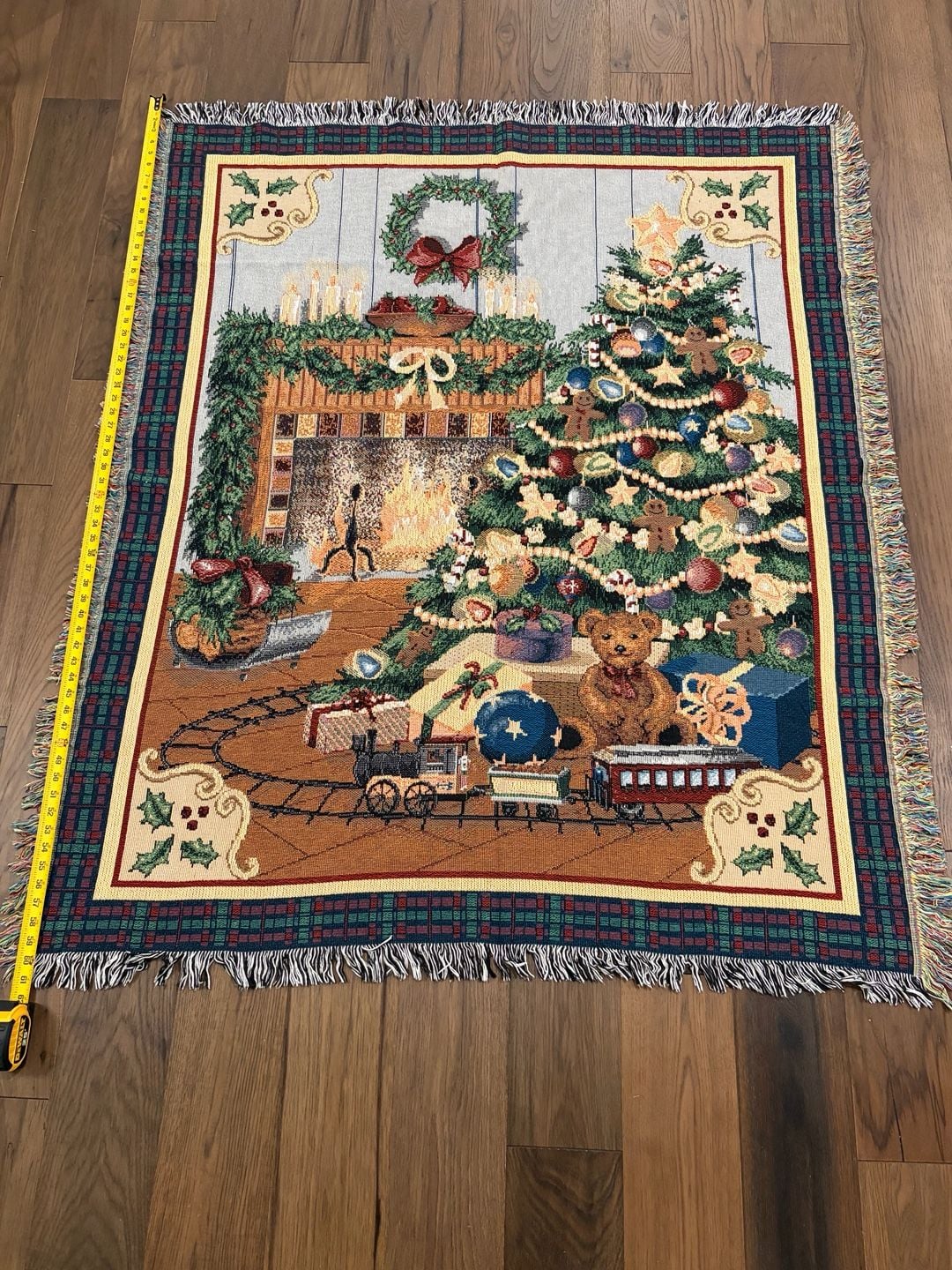 Vintage Christmas Tapestry Throw Blanket Fireplace Tree Train 48x62 1