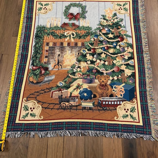 Vintage Christmas Tapestry Throw Blanket Fireplace Tree Train 48x62
