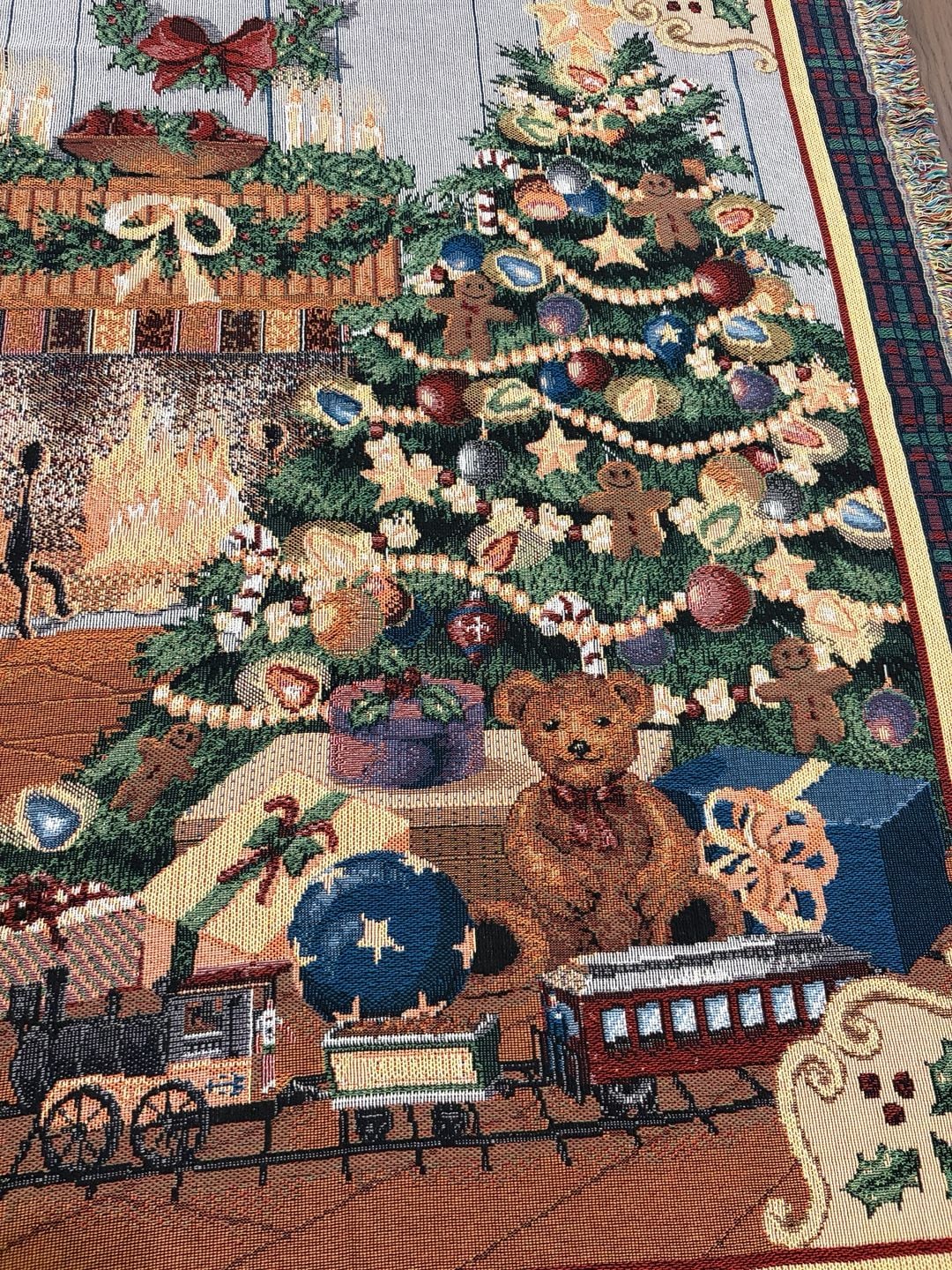 Vintage Christmas Tapestry Throw Blanket Fireplace Tree Train 48x62 4