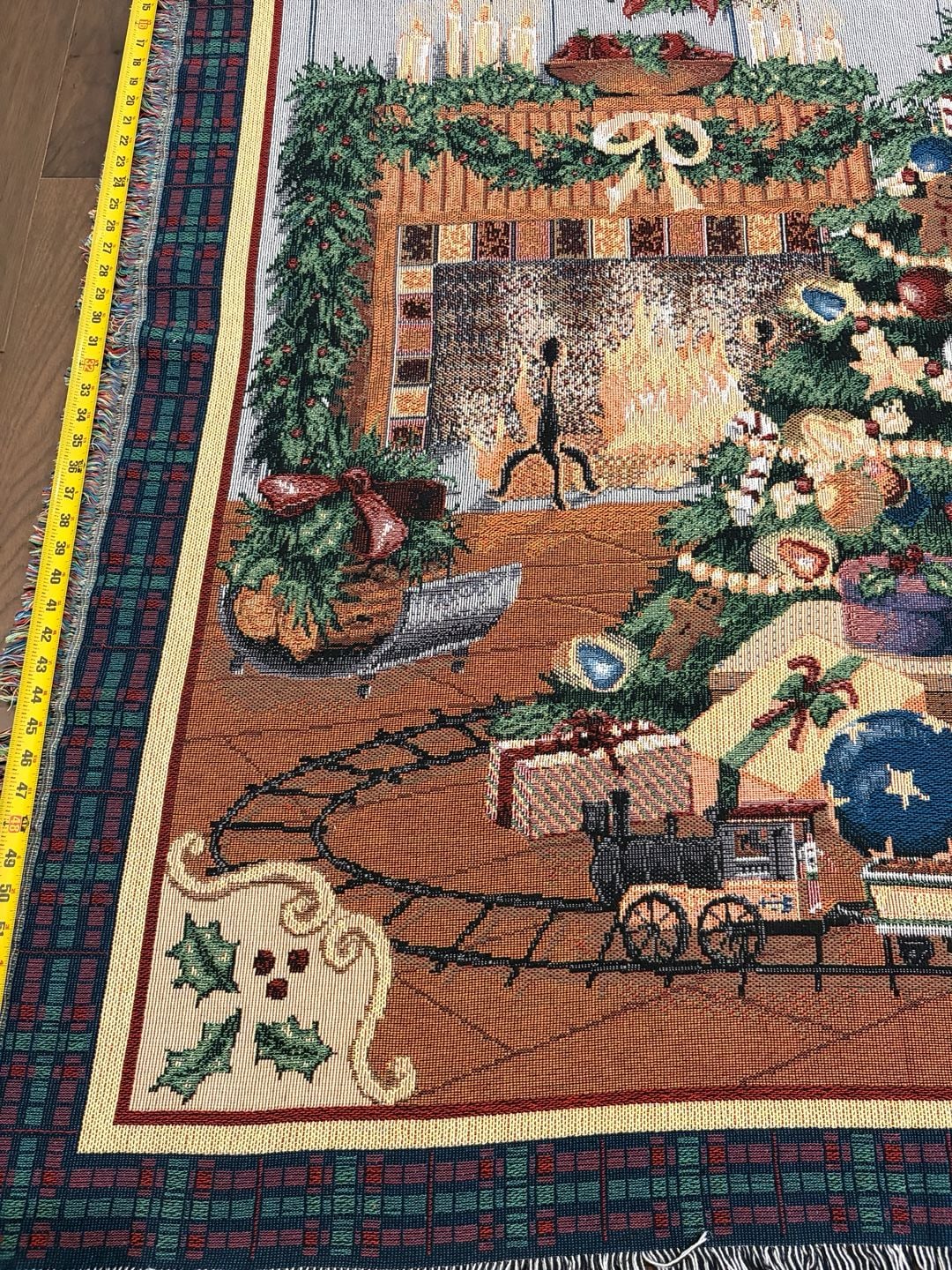 Vintage Christmas Tapestry Throw Blanket Fireplace Tree Train 48x62 5