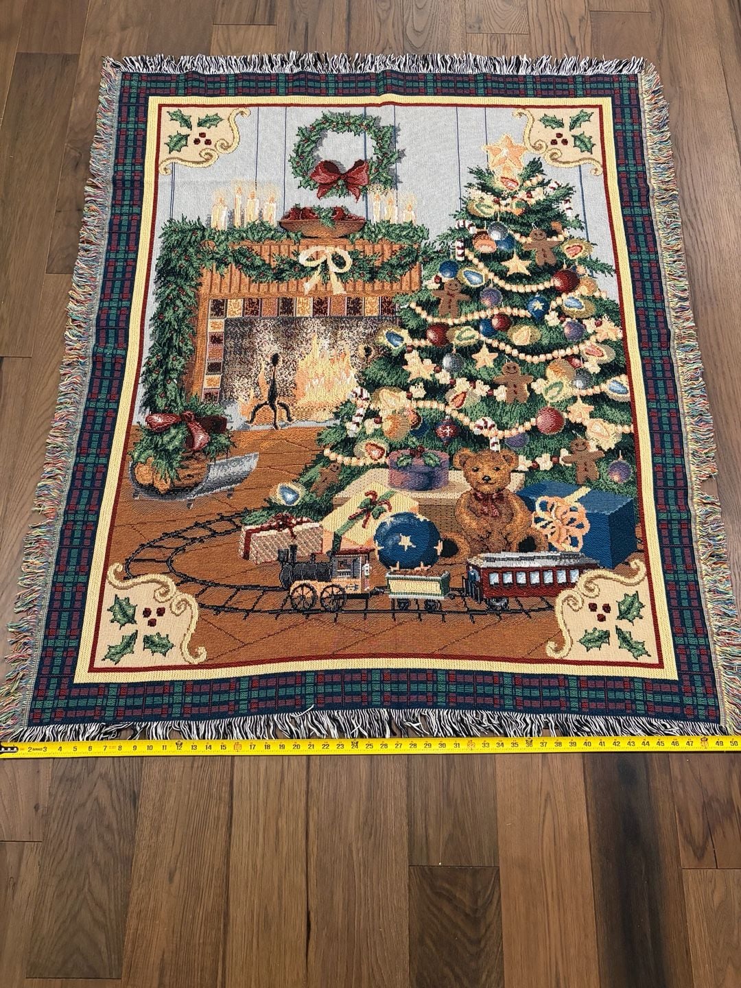 Vintage Christmas Tapestry Throw Blanket Fireplace Tree Train 48x62 6