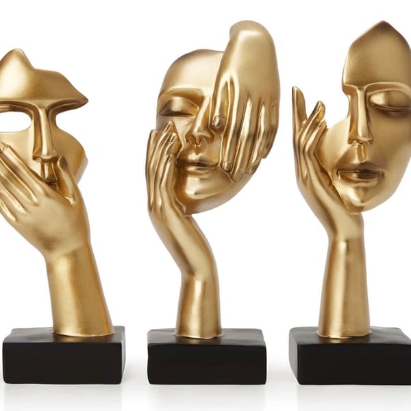 Gold Decor Thinker Statues Set of 3 Abstract Face Resin Sculptures