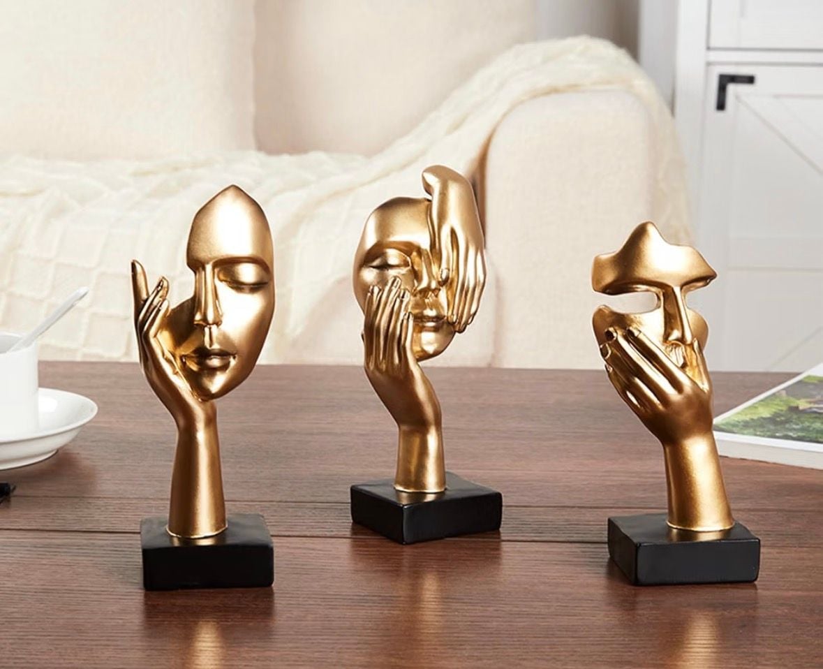 Gold Decor Thinker Statues Set of 3 Abstract Face Resin Sculptures 2