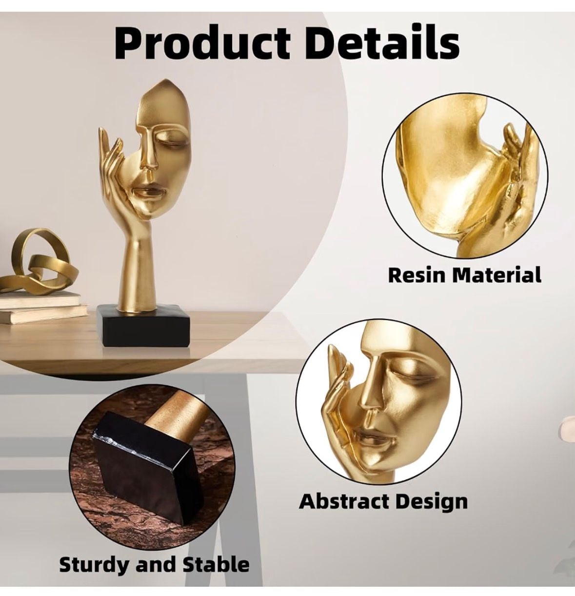 Gold Decor Thinker Statues Set of 3 Abstract Face Resin Sculptures 4