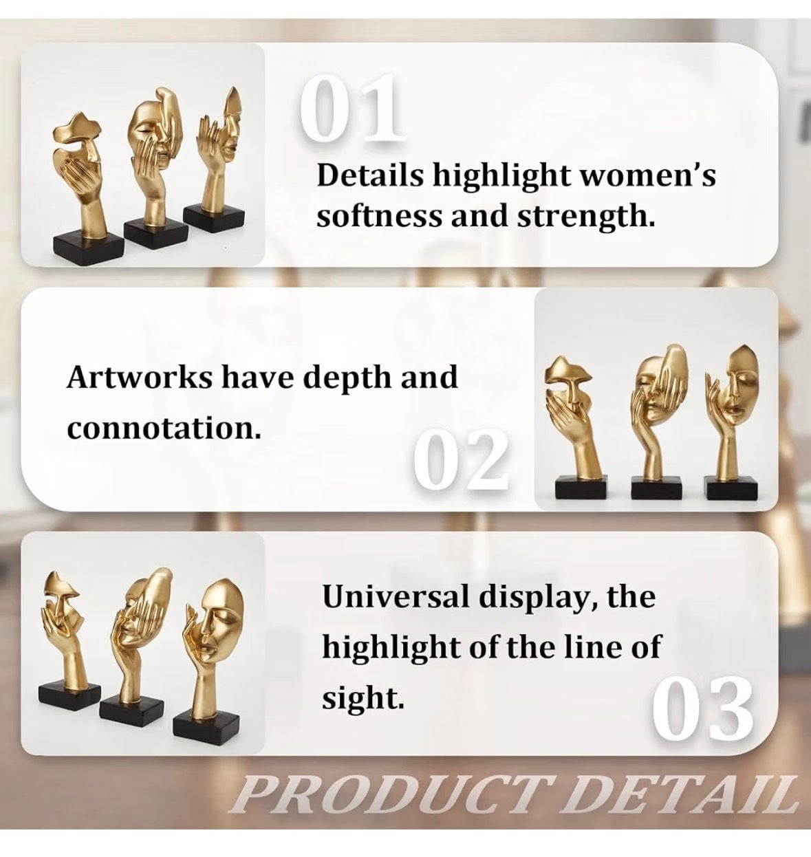 Gold Decor Thinker Statues Set of 3 Abstract Face Resin Sculptures 5