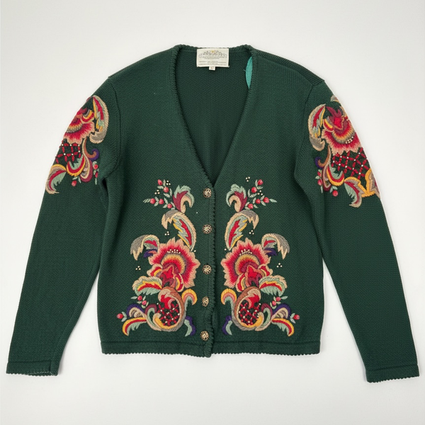 Susan Bristol New Traditions Cardigan Sweater Size M Green Floral Embroidered