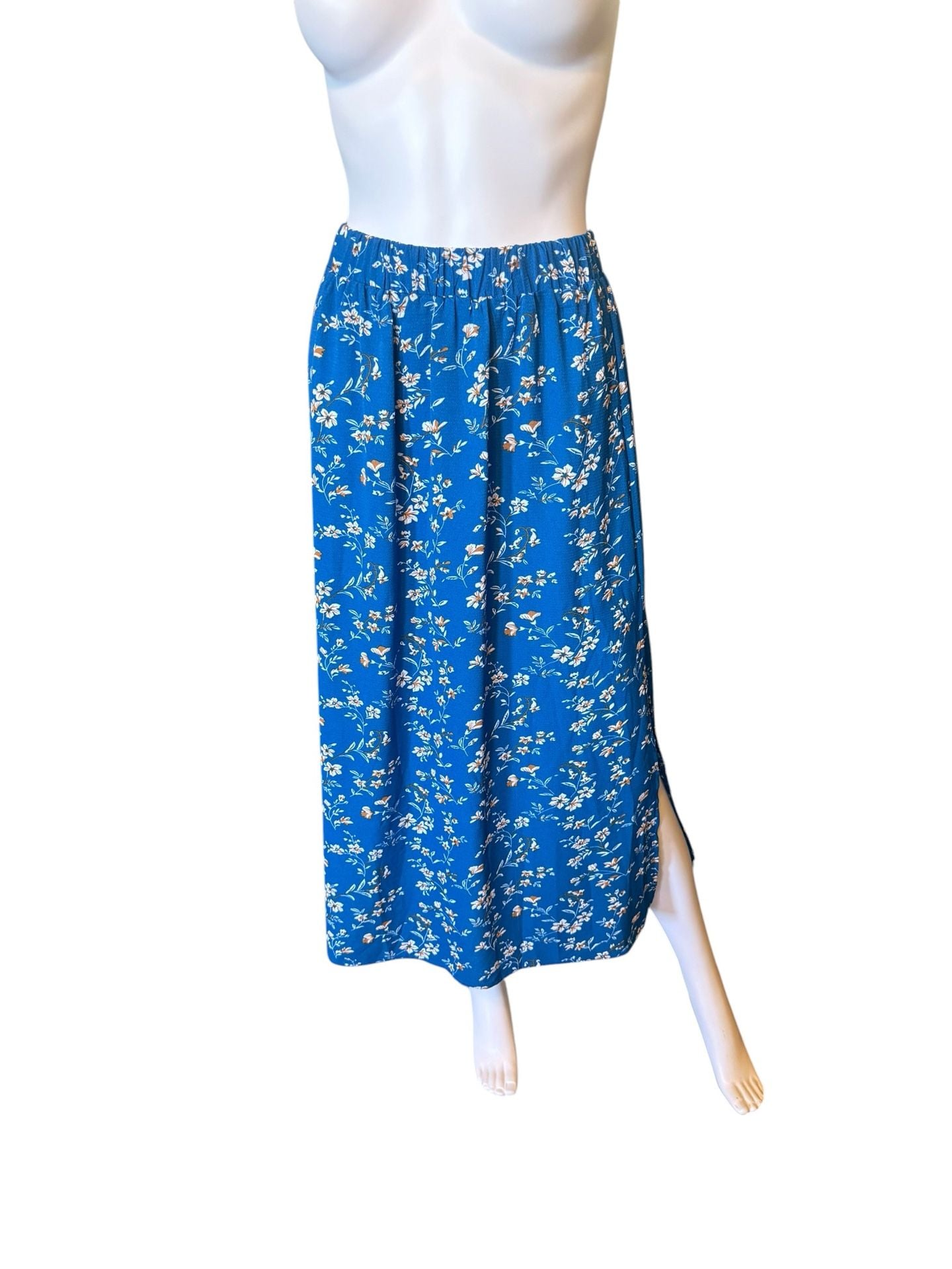 Shein Floral Maxi Skirt Size S Blue Elastic Waist Side Slit 2