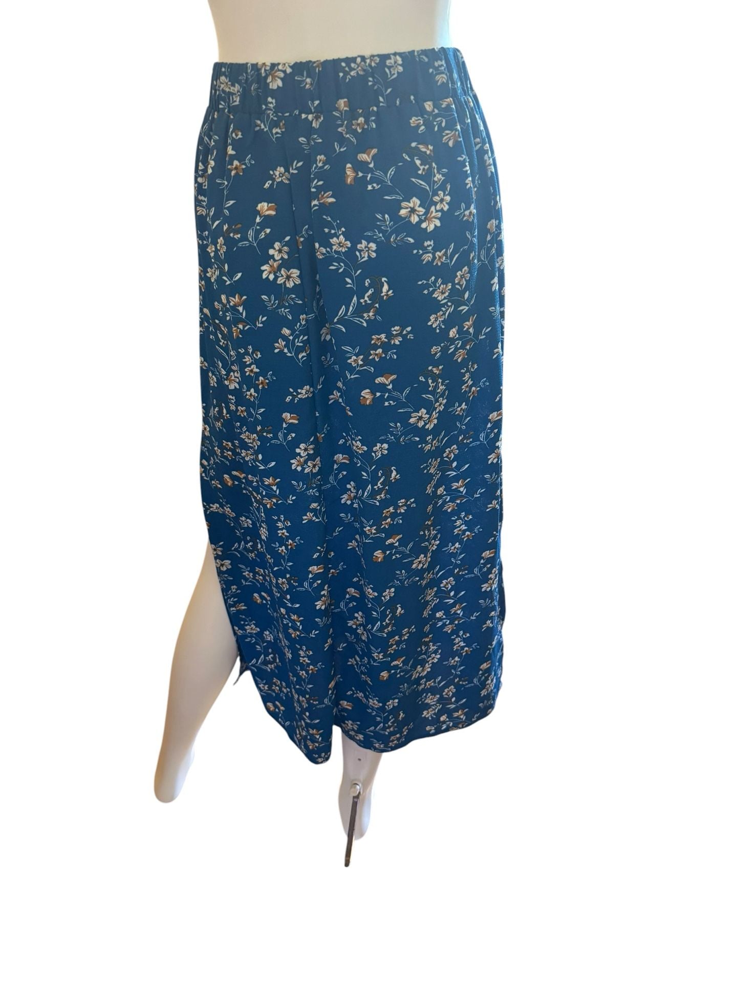 Shein Floral Maxi Skirt Size S Blue Elastic Waist Side Slit 3