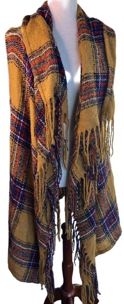 maurices Plaid Ruana Scarf Yellow Fringe 1