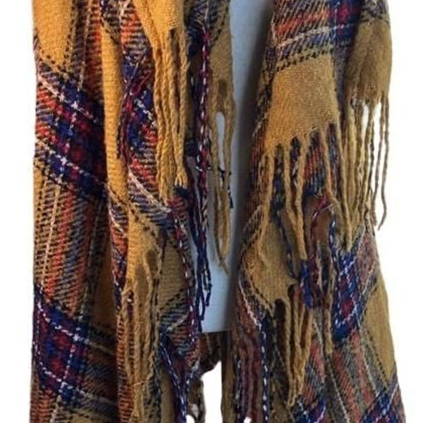 maurices Plaid Ruana Scarf Yellow Fringe